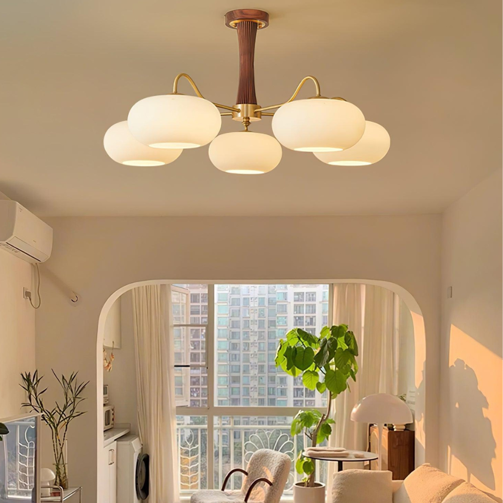 Chandelier with Walnut Wood and Persimmon Glass Shades - Modern Mid Century