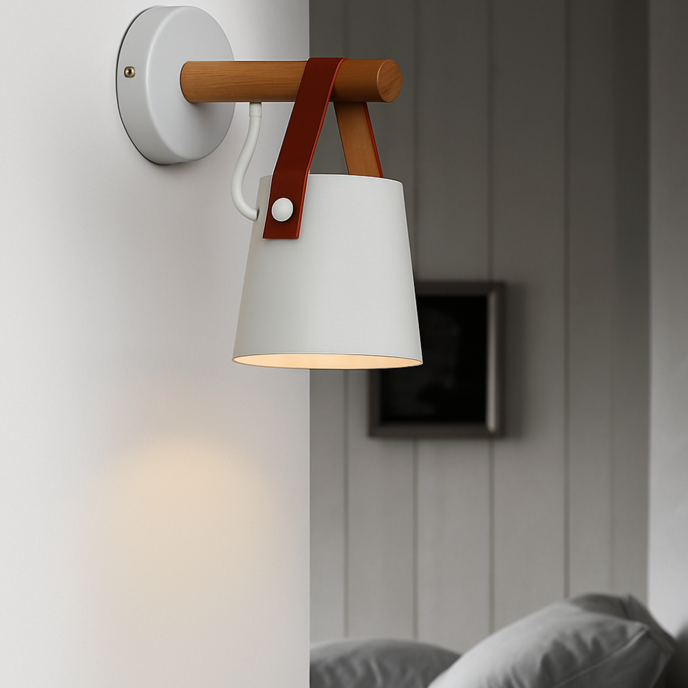 Nordische Wandleuchte mit Lederband und Holzarm – Moderne konische Hängeleuchte