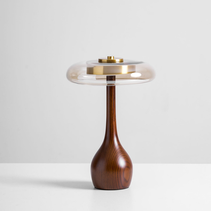 Mid-Century Modern Amber Glass and Walnut Wood LED Mushroom Table Lamp