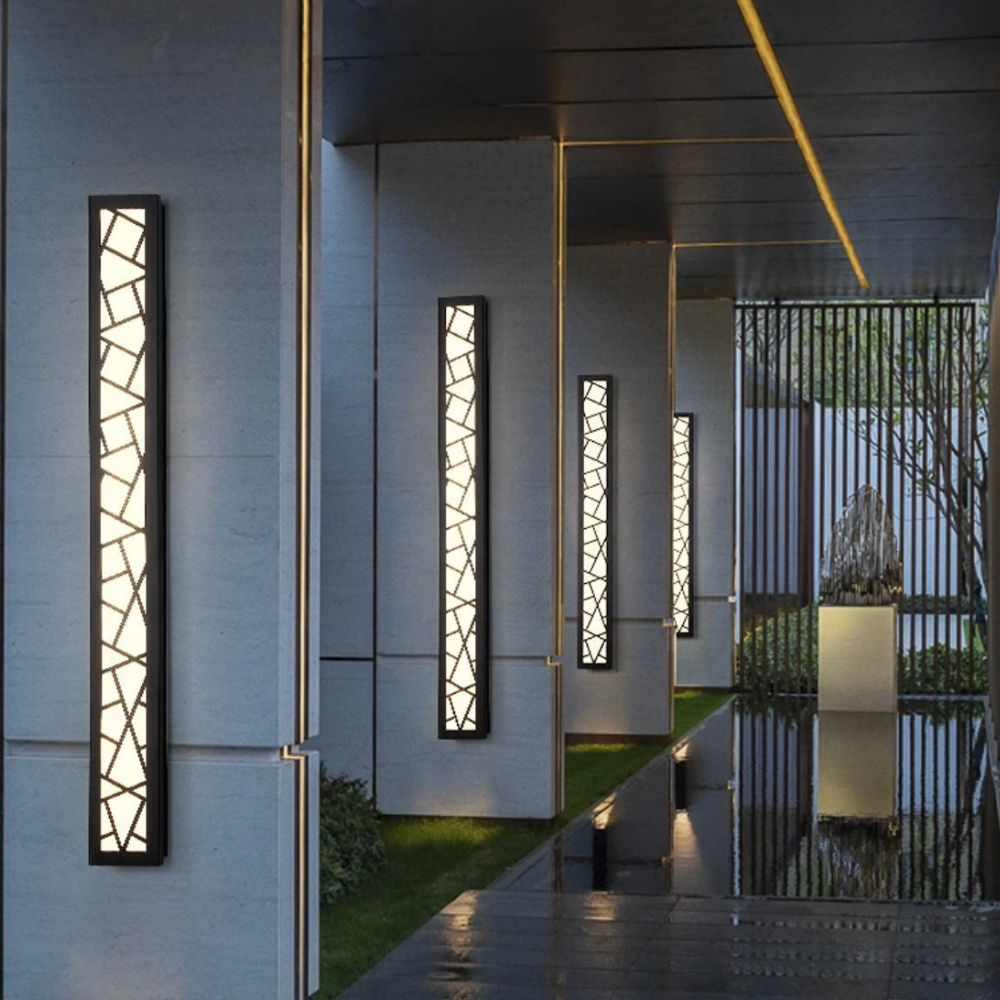 Long Geometric Outdoor Wall Sconce - Mosaic Pattern Linear LED Lantern