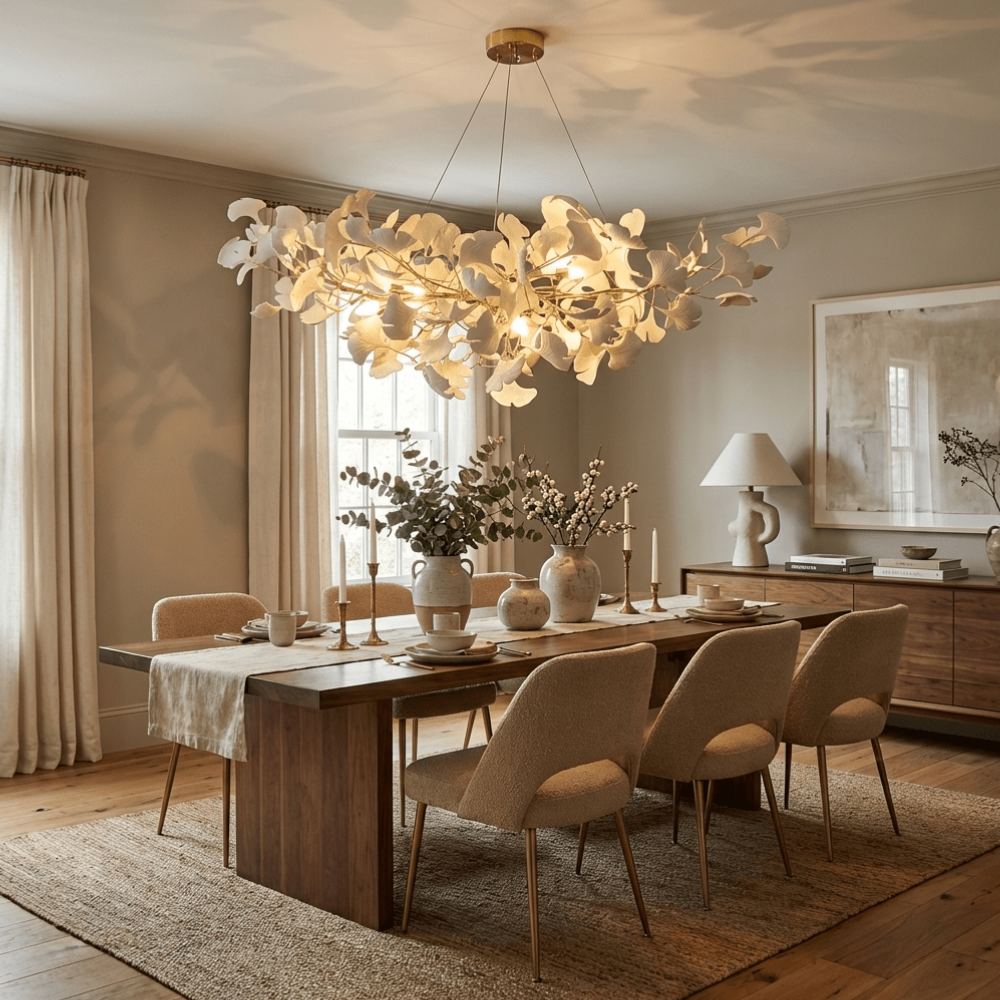 Sputnik-Kronleuchter mit Keramik-Ginkgoblättern – Moderner Art Deco