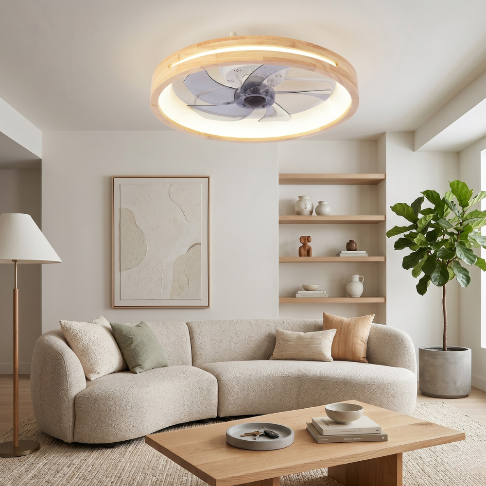 flush mount ceiling fan with light and Hollowed or Solid Wood Frame - Japandi Style