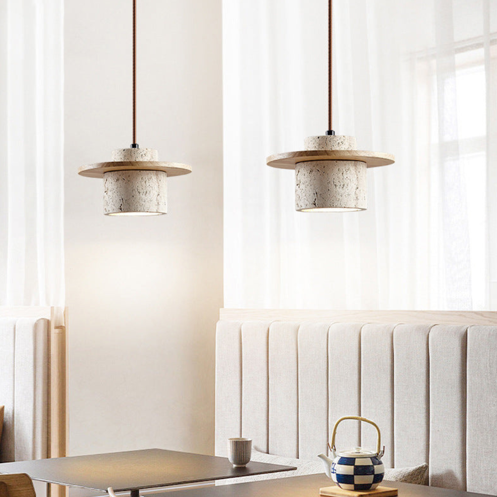 Travertine Pendant Light with Wood Accents - Wabi Sabi Modern Style