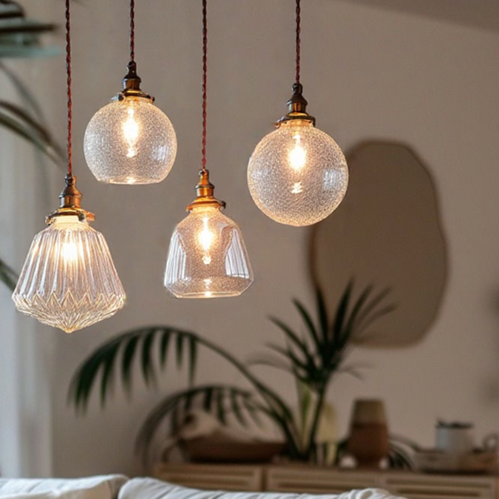 Hanging Ceiling Lamp with Rippled Crystal Glass - Retro Industrial