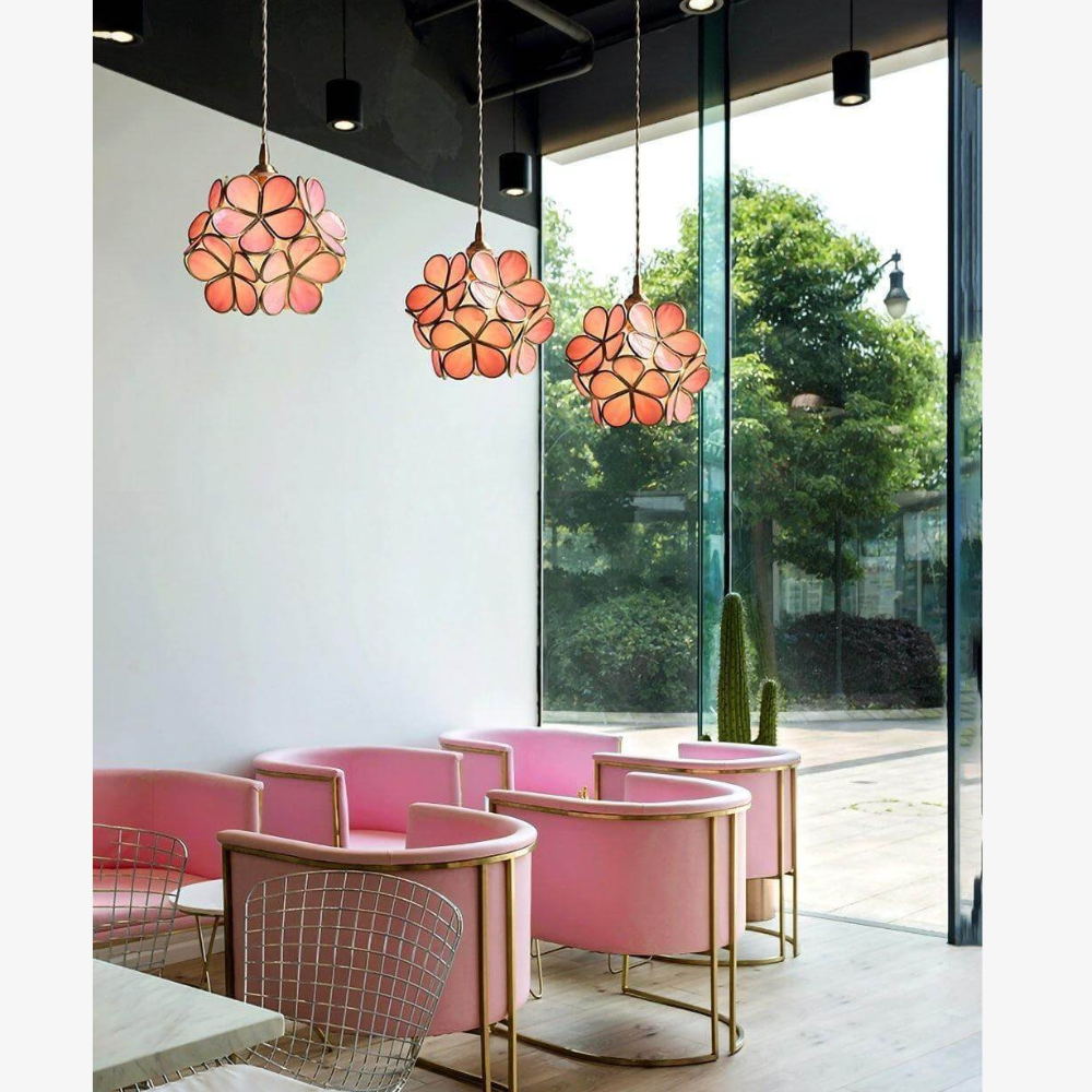 Lampe suspendue en verre floral avec ferrures en laiton - Art vintage moderne