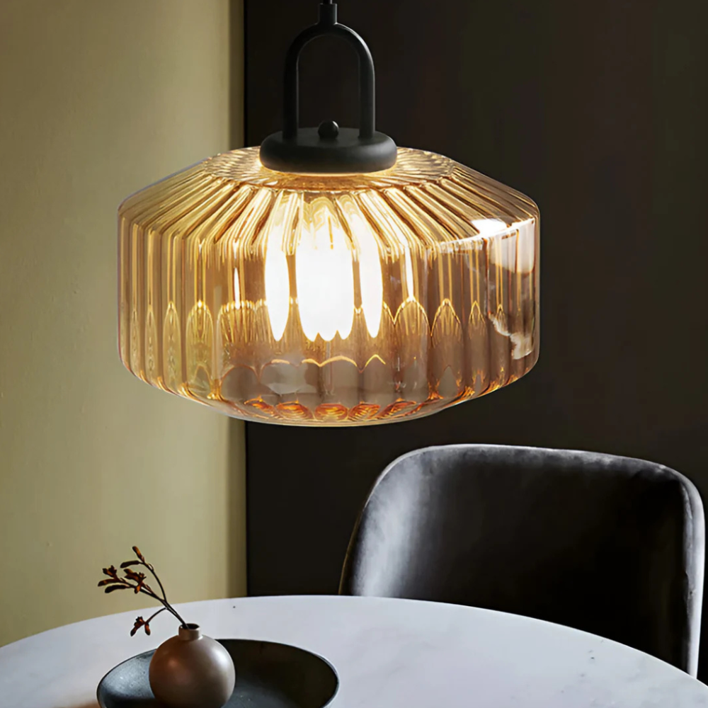 Pendant Light with Ribbed Glass Shade - Retro Mid Century Modern