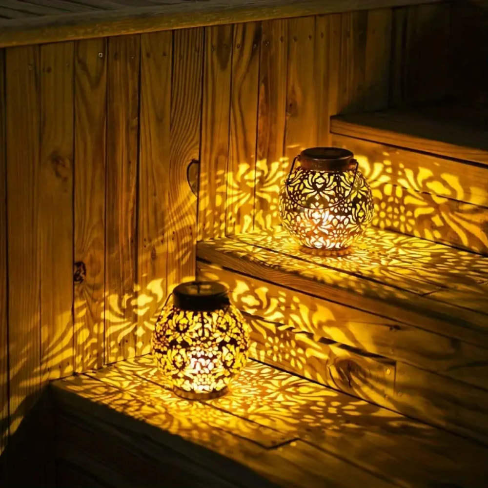 Solar Powered Lantern with Metal Floral Cutout Pattern - Boho Moroccan