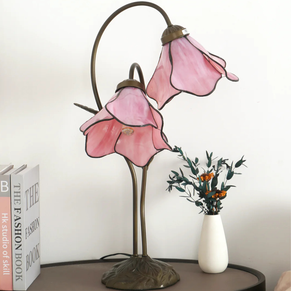 Table Lamp with Flower Glass Shades - Vintage Stained Glass Floral