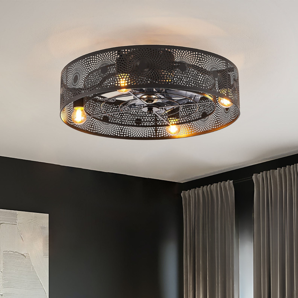 Deckenventilator mit Licht und Gitter-Metallschirm, bündig montiert – Schwarz