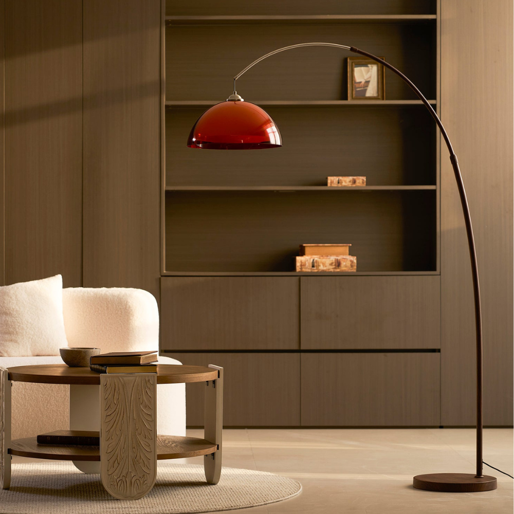 Arc Floor Lamp with Cantilevered Metal Overhanging Arm and Acrylic Dome Shade