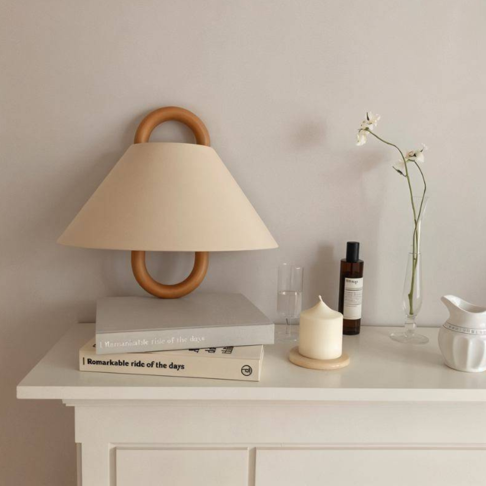 Wall Sconce with Tapered Fabric Shade - Modern Mid Century Wood