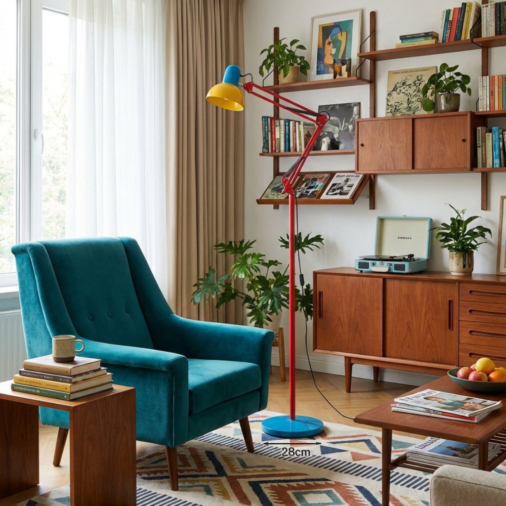 Adjustable Floor Lamp – Memphis Style with Spring-Balanced Articulated Arm and Metal Dome Shade