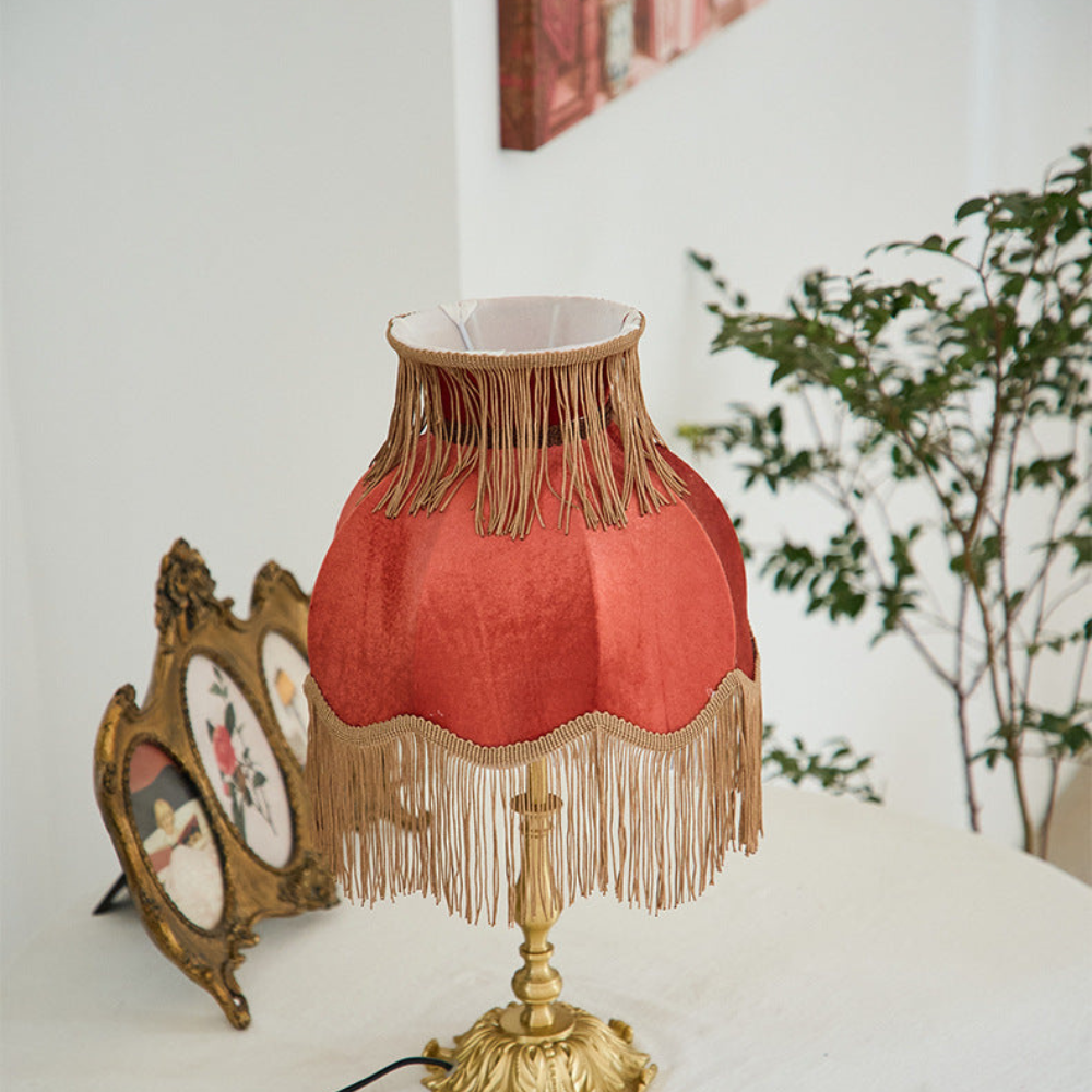 Table Lamp with Fringed Fabric Shade - Vintage Traditional Red