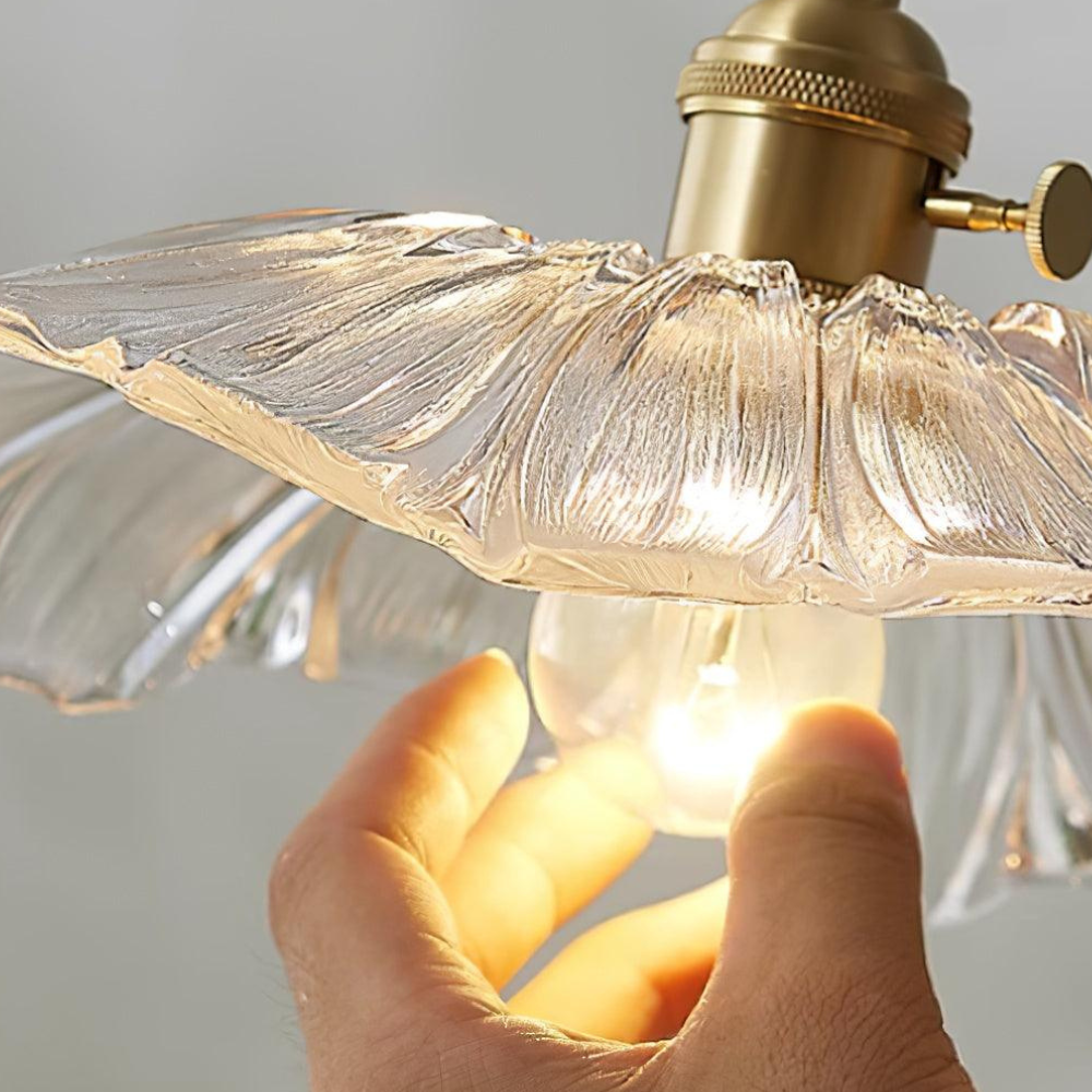Ribbed Glass Flower Petal Pendant Light with Copper Hardware – Vintage Mid Century Style