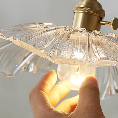 Ribbed Glass Flower Petal Pendant Light with Copper Hardware – Vintage Mid Century Style