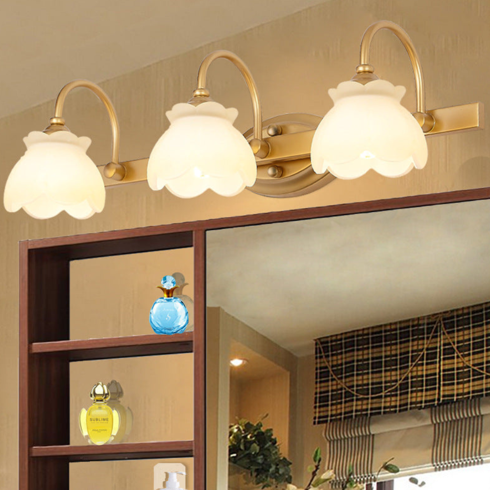 Bathroom lights above mirror with Arched Brass Arms and Frosted Glass - Colonial