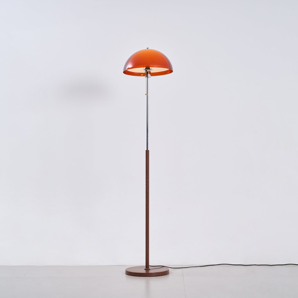 Torchiere Floor Lamp with Bi-Material Metal and Wood Stem with Acrylic Dome Shade