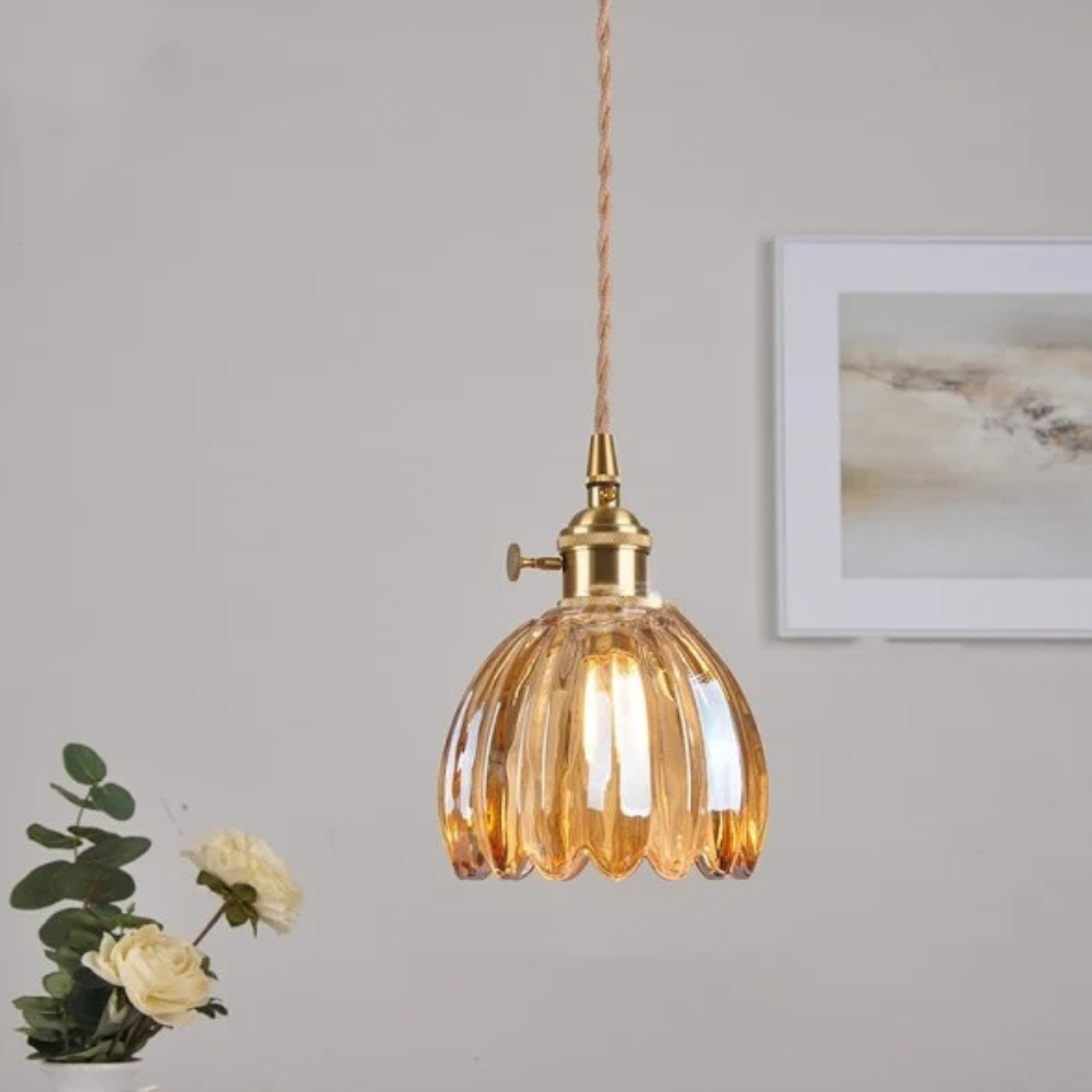 Glashängelampe mit gewelltem Blumen-Schirm – Retro Mid Century