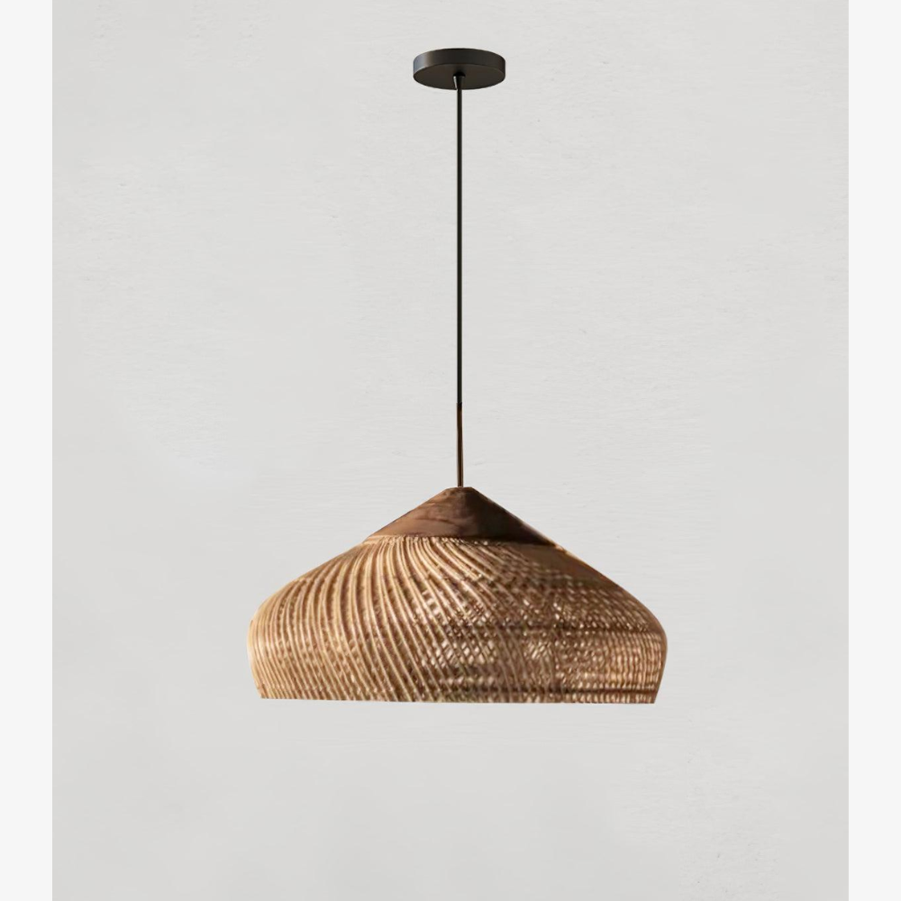 Modern Rattan Silhouette Pendant Light - Woven Basket Hanging Lamp with Wood Cap