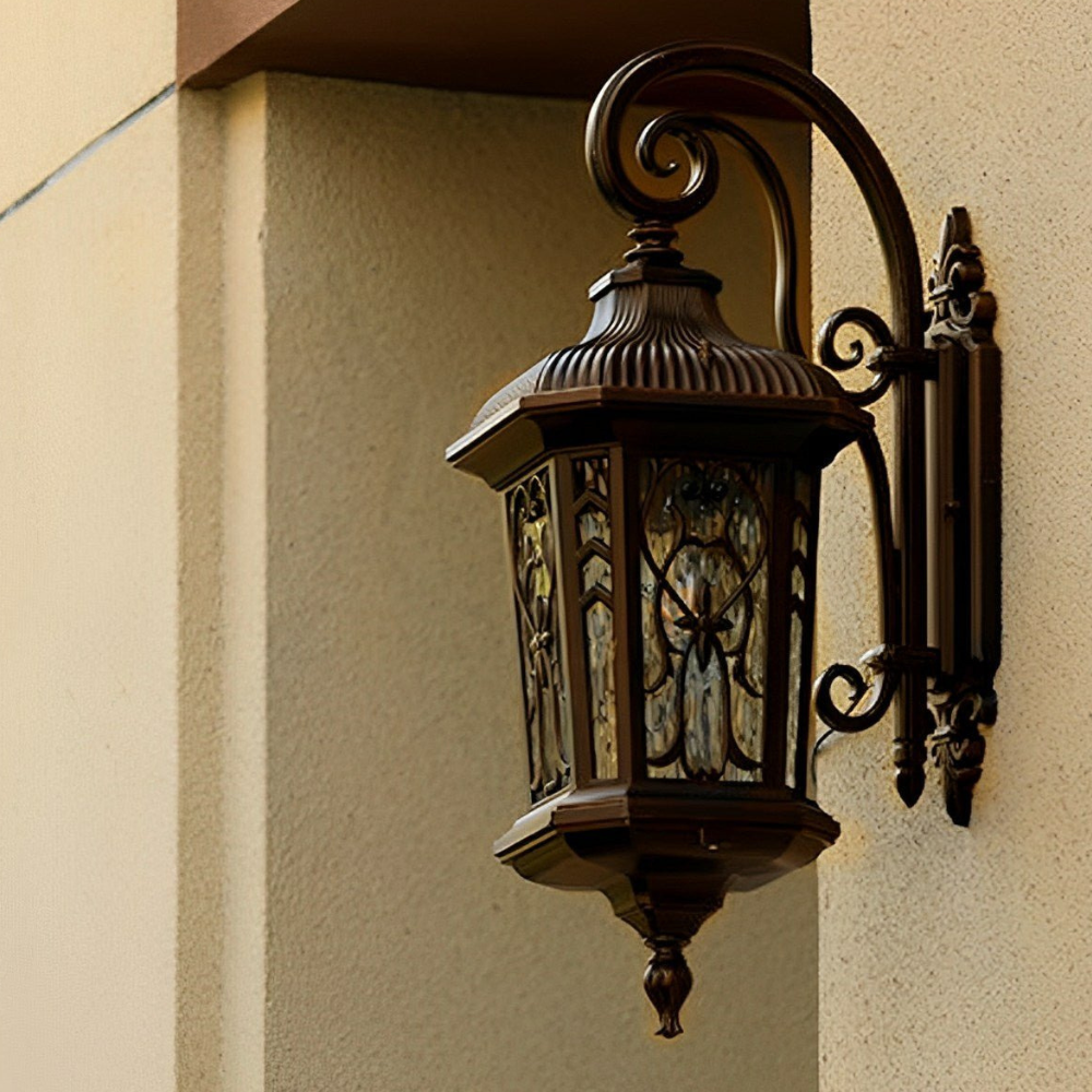 LED Porch Lantern with Scrollwork Frame and Textured Glass - Vintage Style