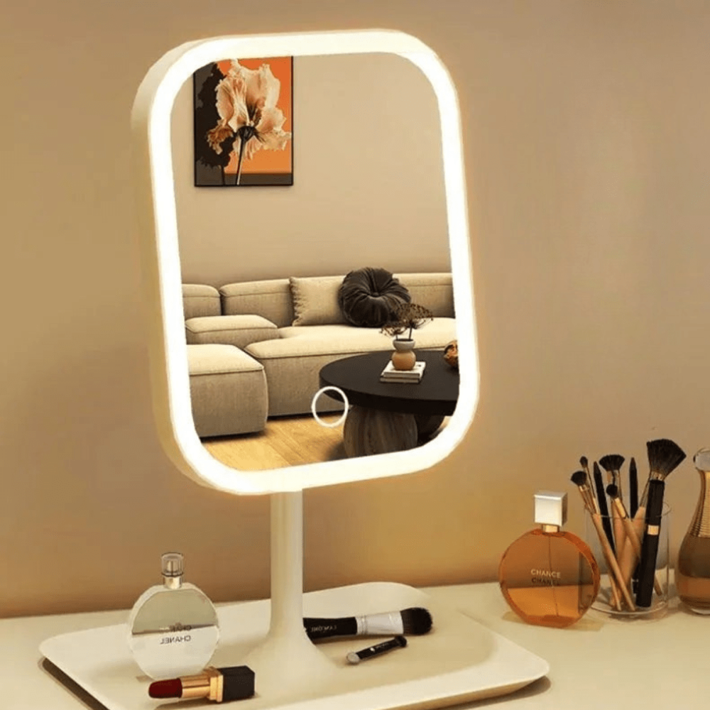 Miroir de maquillage rechargeable avec plateau de rangement intégré - Moderne et minimaliste