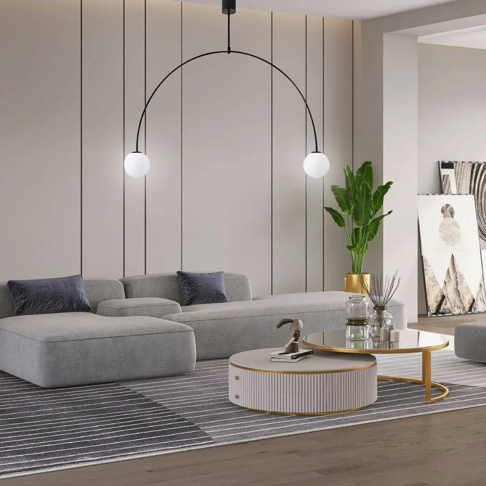 Lustre avec cadre métallique voûté et globes en verre - Moderne milieu du siècle
