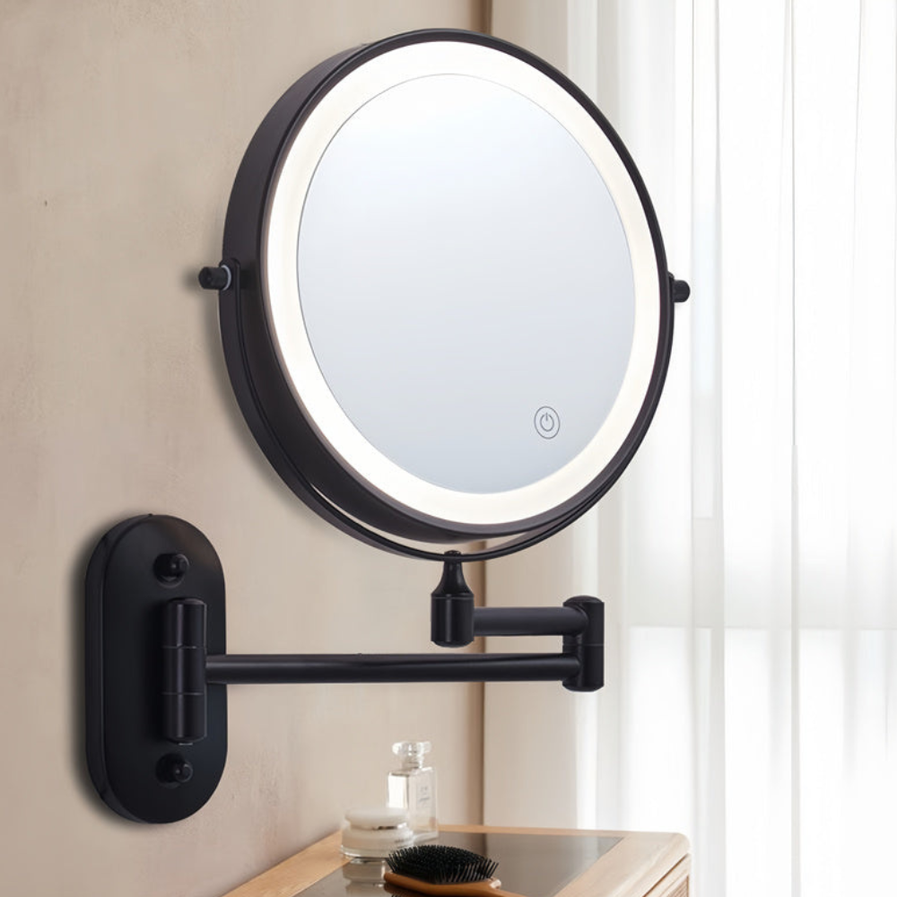 Wall-Mounted LED Makeup Mirror with Accordion Arm - 360° Swivel Grooming