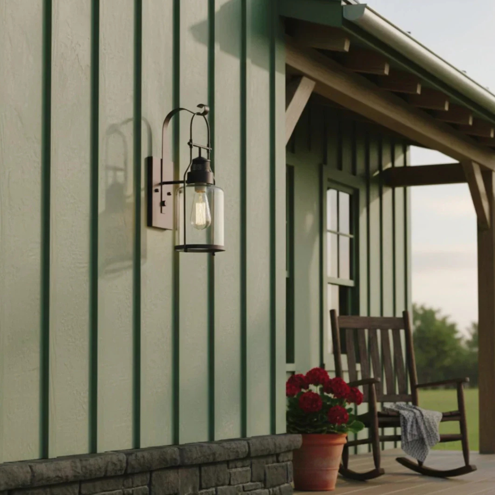 Permanent Outdoor House Lights with Clear Glass Jar Shade and Iron Arm