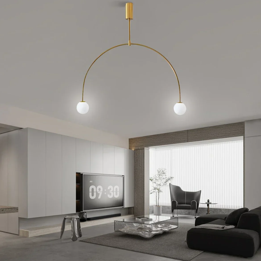 Lustre avec cadre métallique voûté et globes en verre - Moderne milieu du siècle
