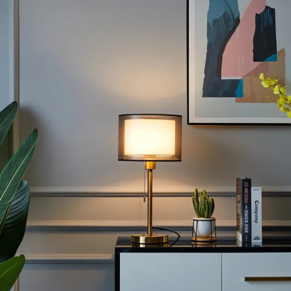 Double Cloth Shade Table Lamp Metal Base - Modern Bedroom Light