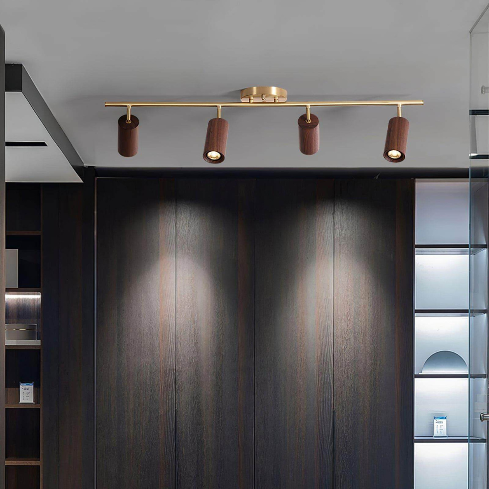Rotational Wood Track Lighting with Brass Hardware - Mid Century Modern