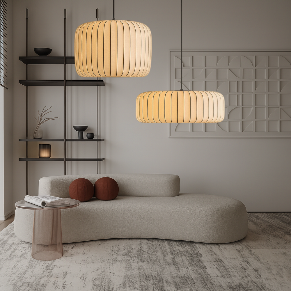 Pendelleuchte mit plissiertem Stoffschirm – Modernes Mid-Century-Hängelicht