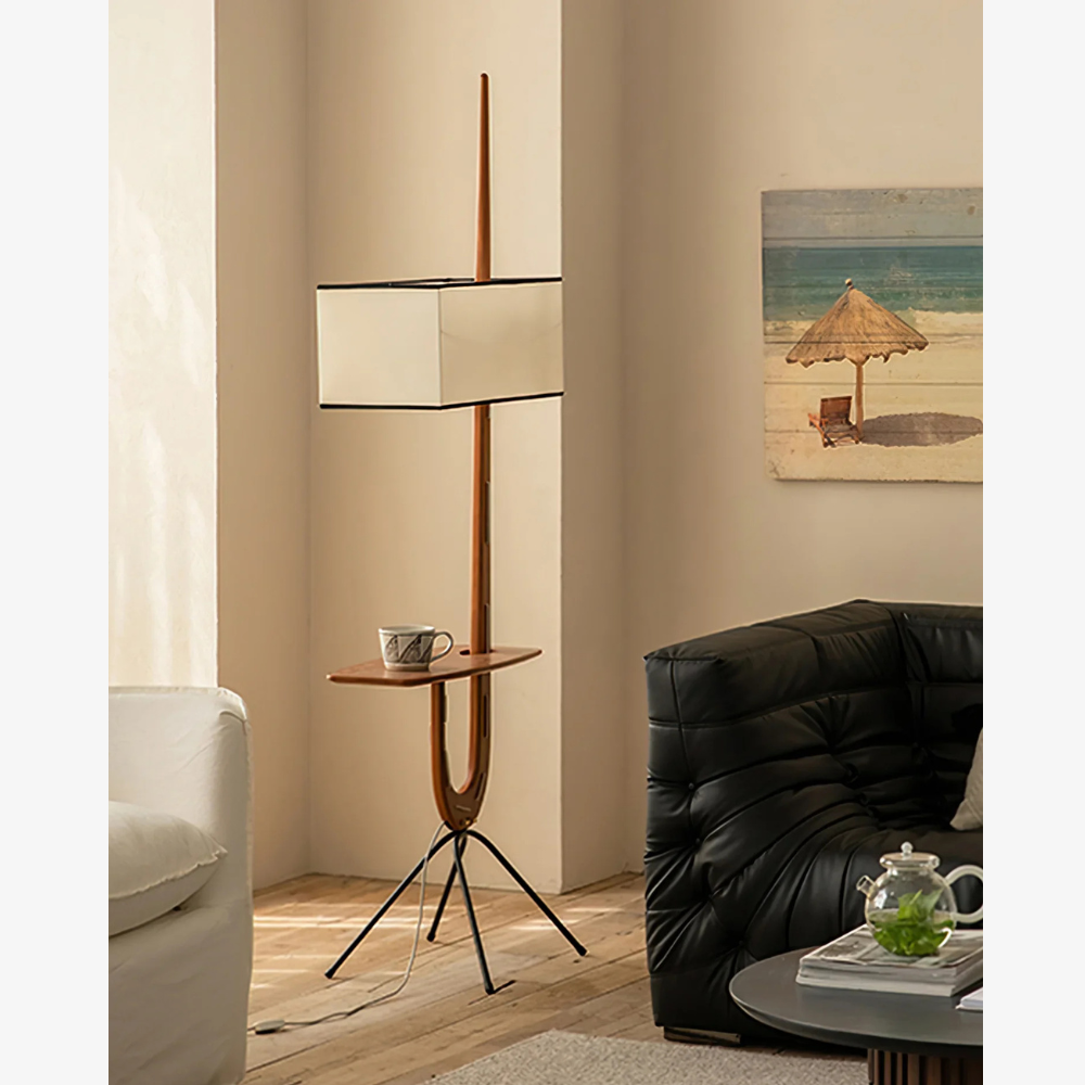 Modern floor lamp with Integrated Shelf and Organic Wooden Frame - Mid-Century
