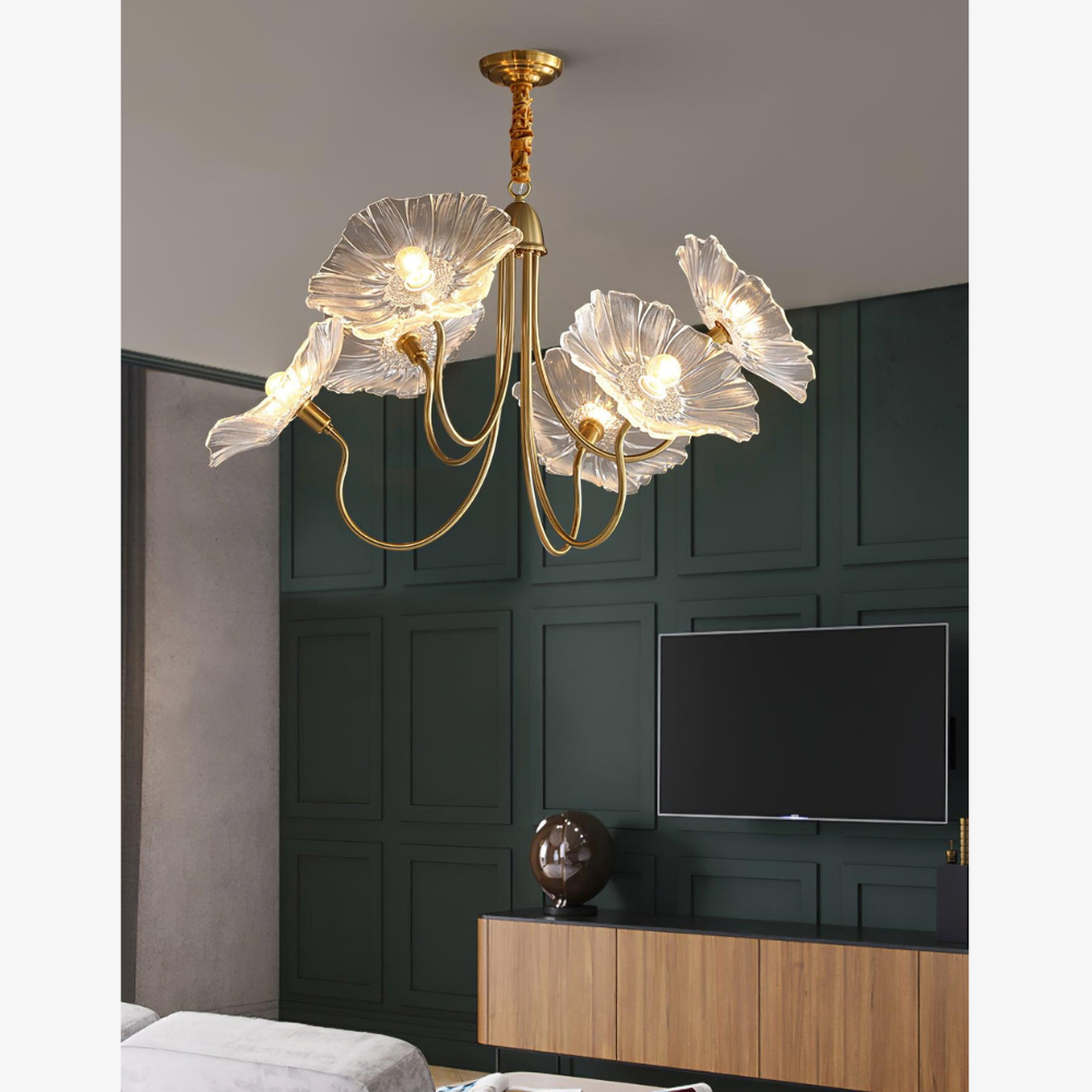 Chandelier with Flower Glass Shades and Gold Metal Frame - Modern Art Deco