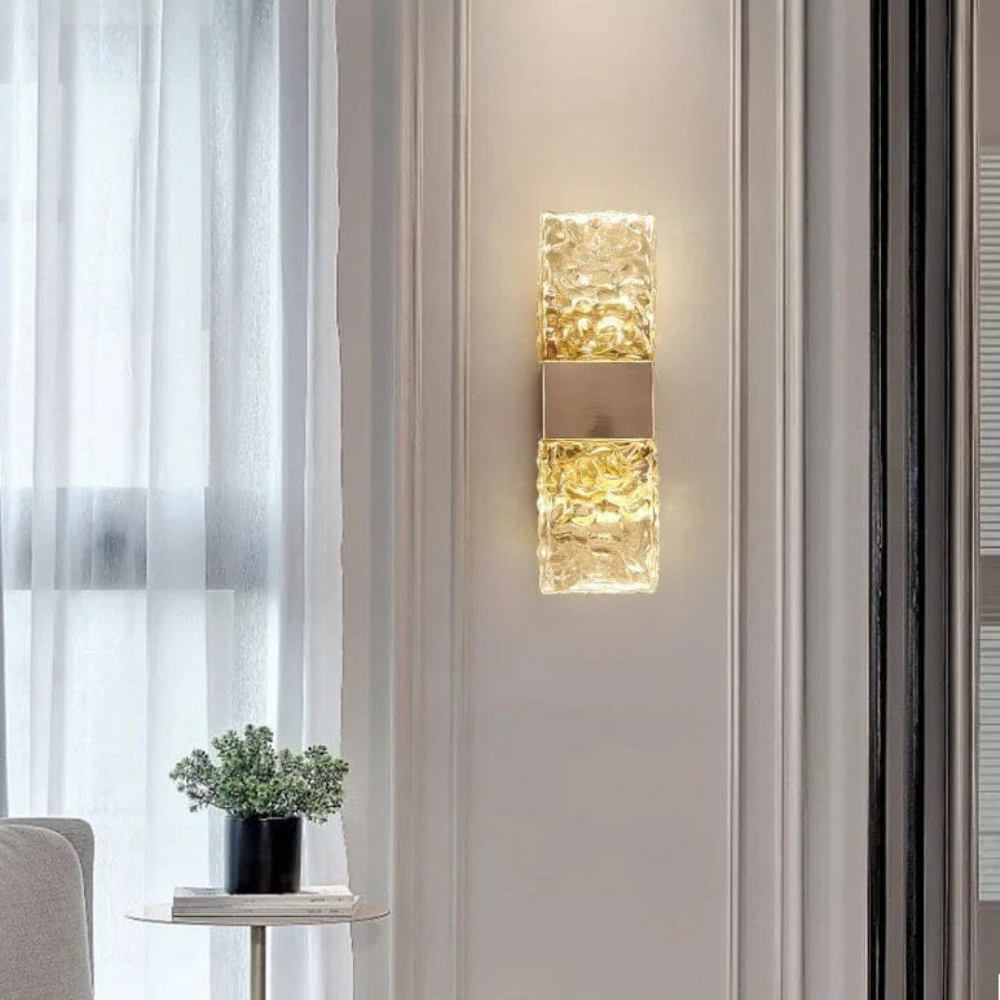 Applique murale en verre ondulé Art déco - Double bloc lumineux en cristal de glace