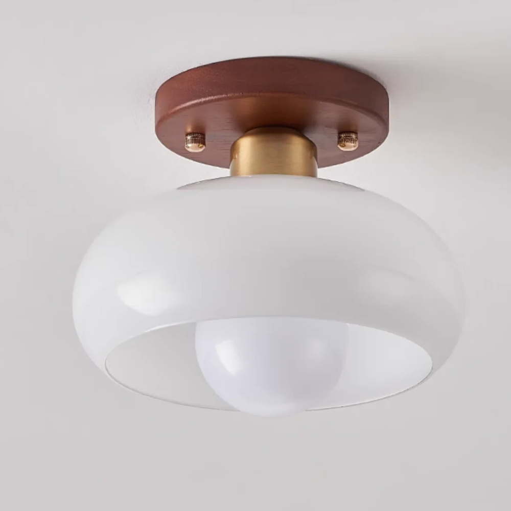 Flush Mount Ceiling Light with Glass Shade - Walnut Mid Century Modern