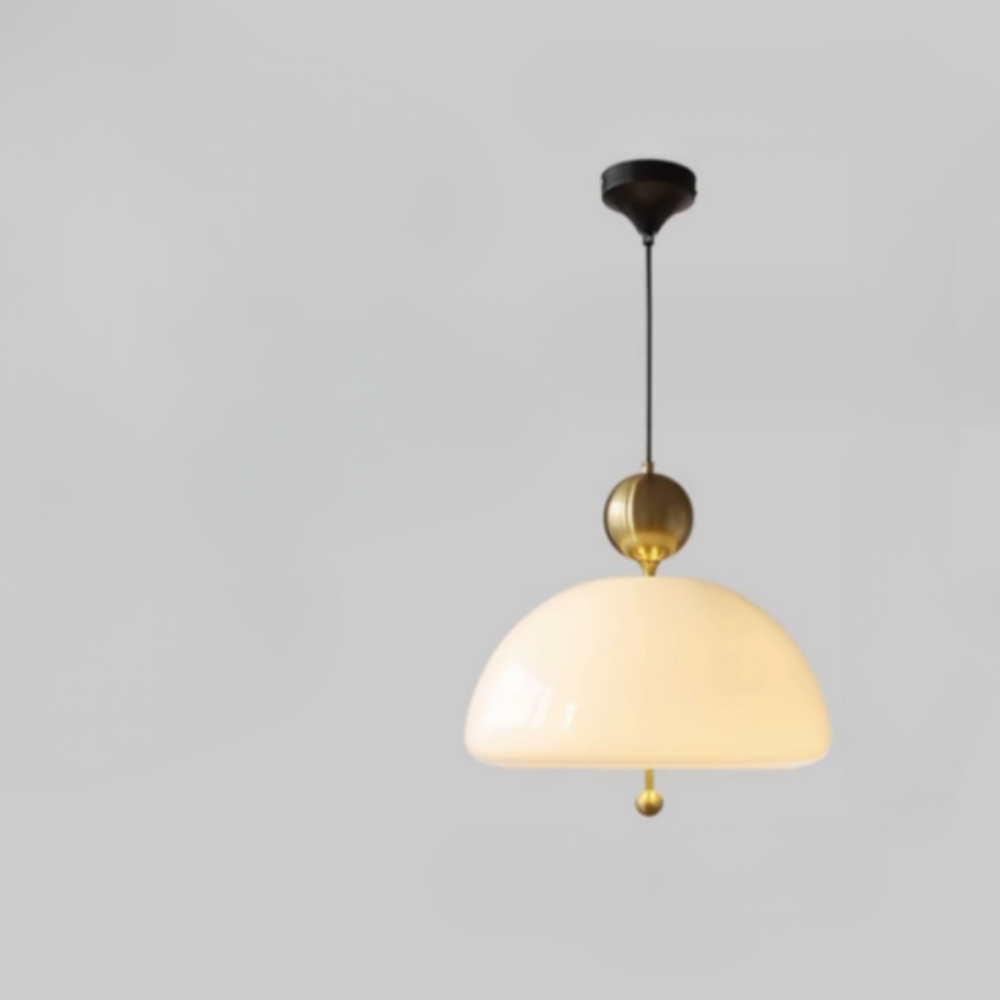 Glass Pendant Light with Domed Shade and Orb Accent - Mid Century Style
