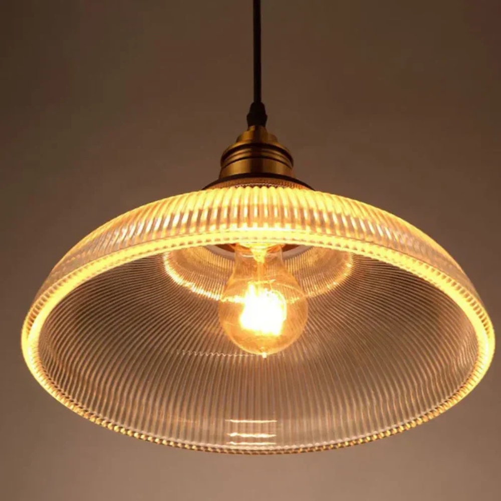 Ribbed Glass Pendant Light with Brass Hardware - Modern Farmhouse Style