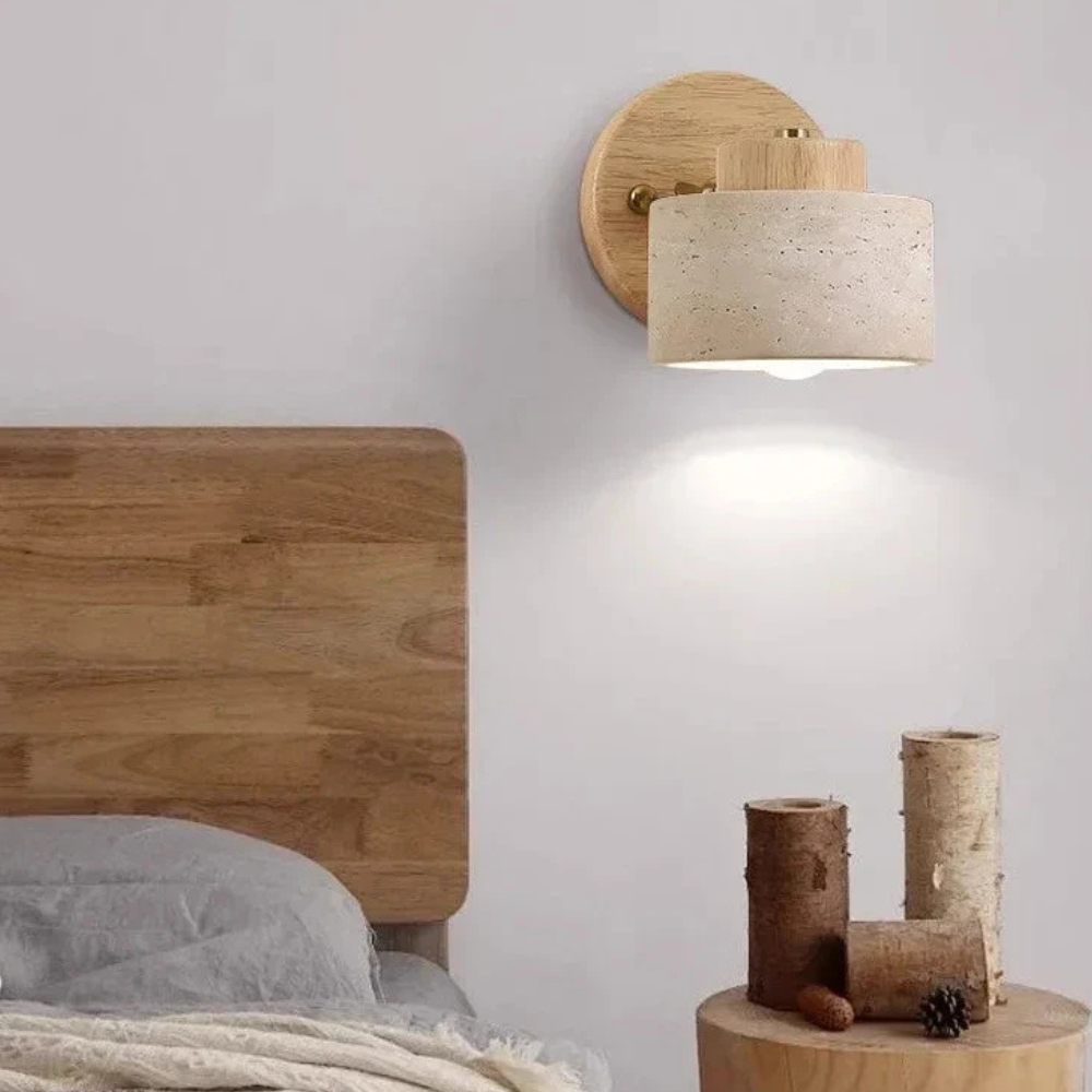 Architectural Adjustable Stone Wall Light - Minimalist Wood & Travertine Sconce
