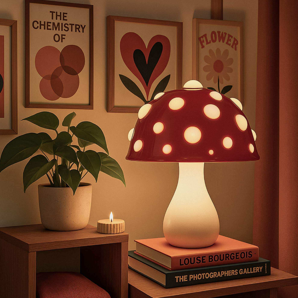 Table Lamp with Polka Dot Mushroom Shade - Modern Mid Century Retro