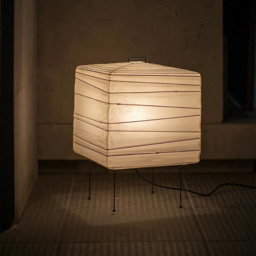 Japanese Paper Lantern Table Lamp with Metal Handle - Wabi Sabi Design