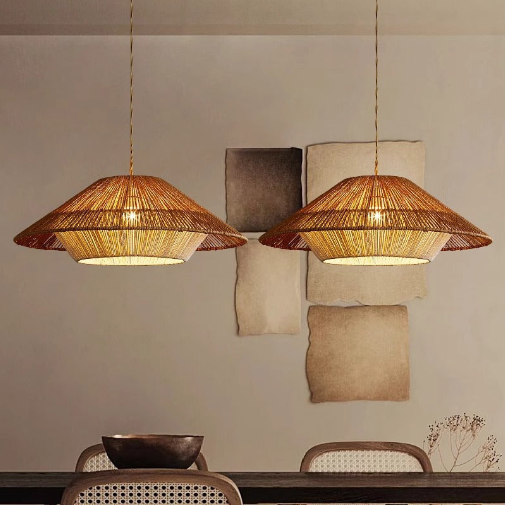 Pendant Light with Hemp Shade - Modern Bohemian Tiered Design