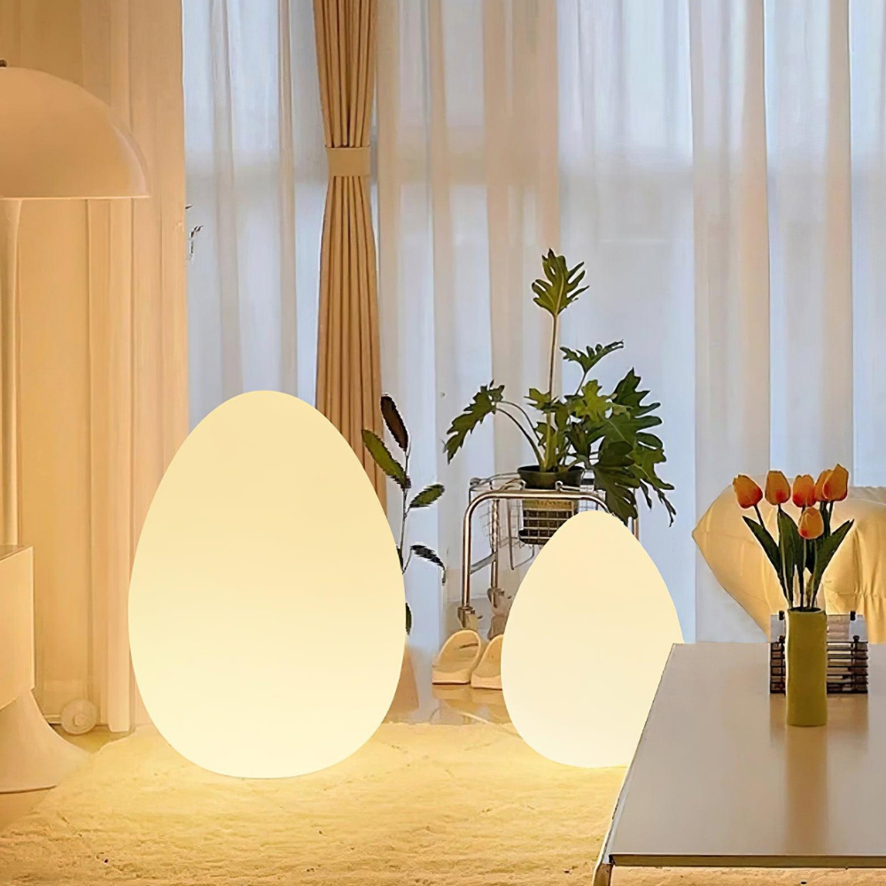 LED Floor Lamp with Sculptural Oval Egg Profile and Molded Plastic Shell