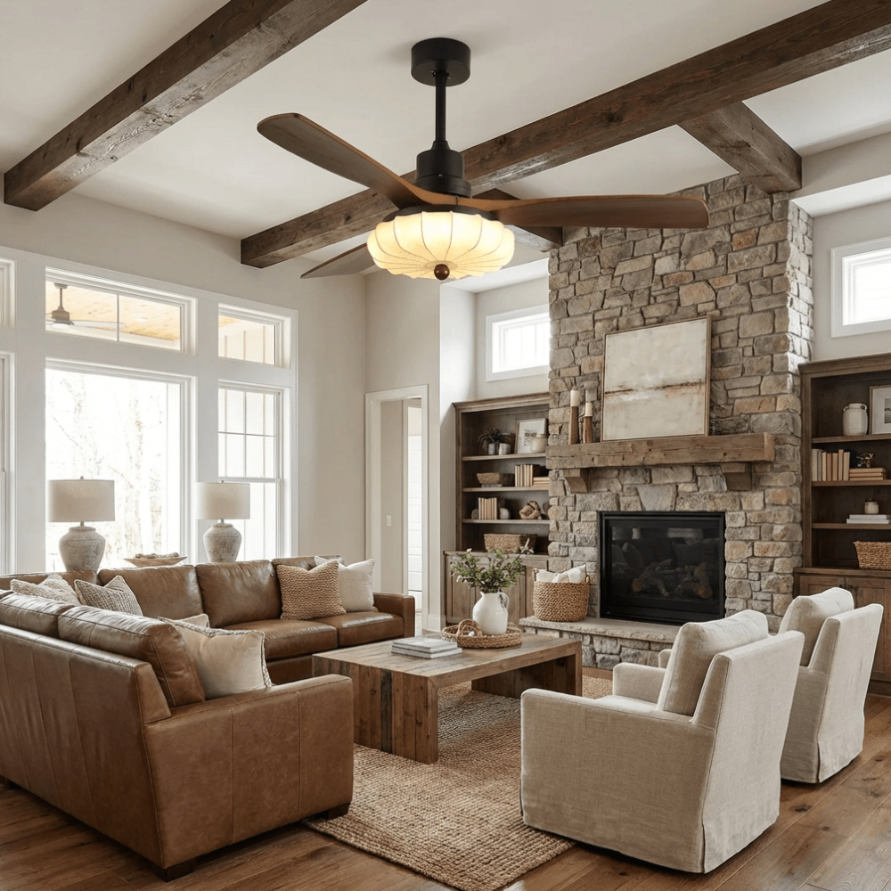 Deckenventilator mit Licht und handgefertigtem Lotus-Schirm aus Stoff – ruhiger moderner Stil