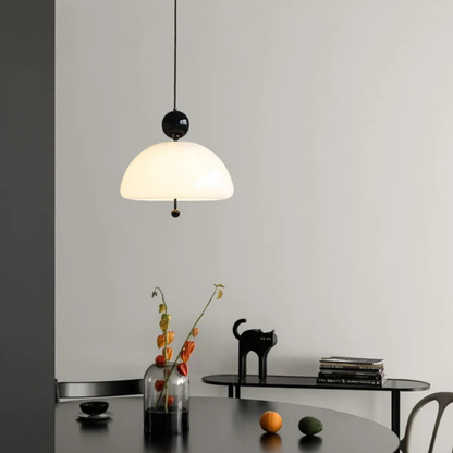 Glass Pendant Light with Domed Shade and Orb Accent - Mid Century Style