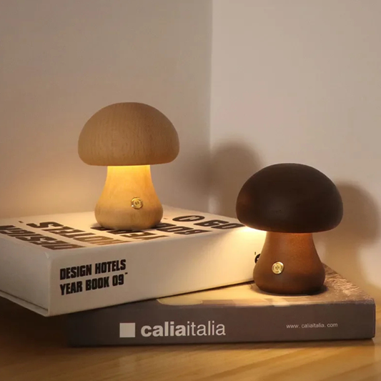 Cordless Mushroom Table Lamp in Carved Wood Mushroom - Rechargeable LED Style