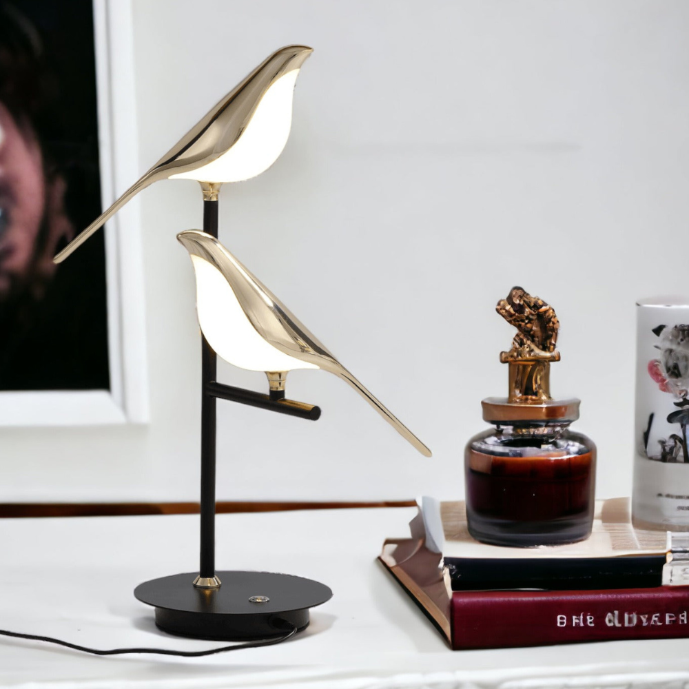 LED Bird Table Lamp with Dual Gold Post-Modern Fixtures - Warm Glow