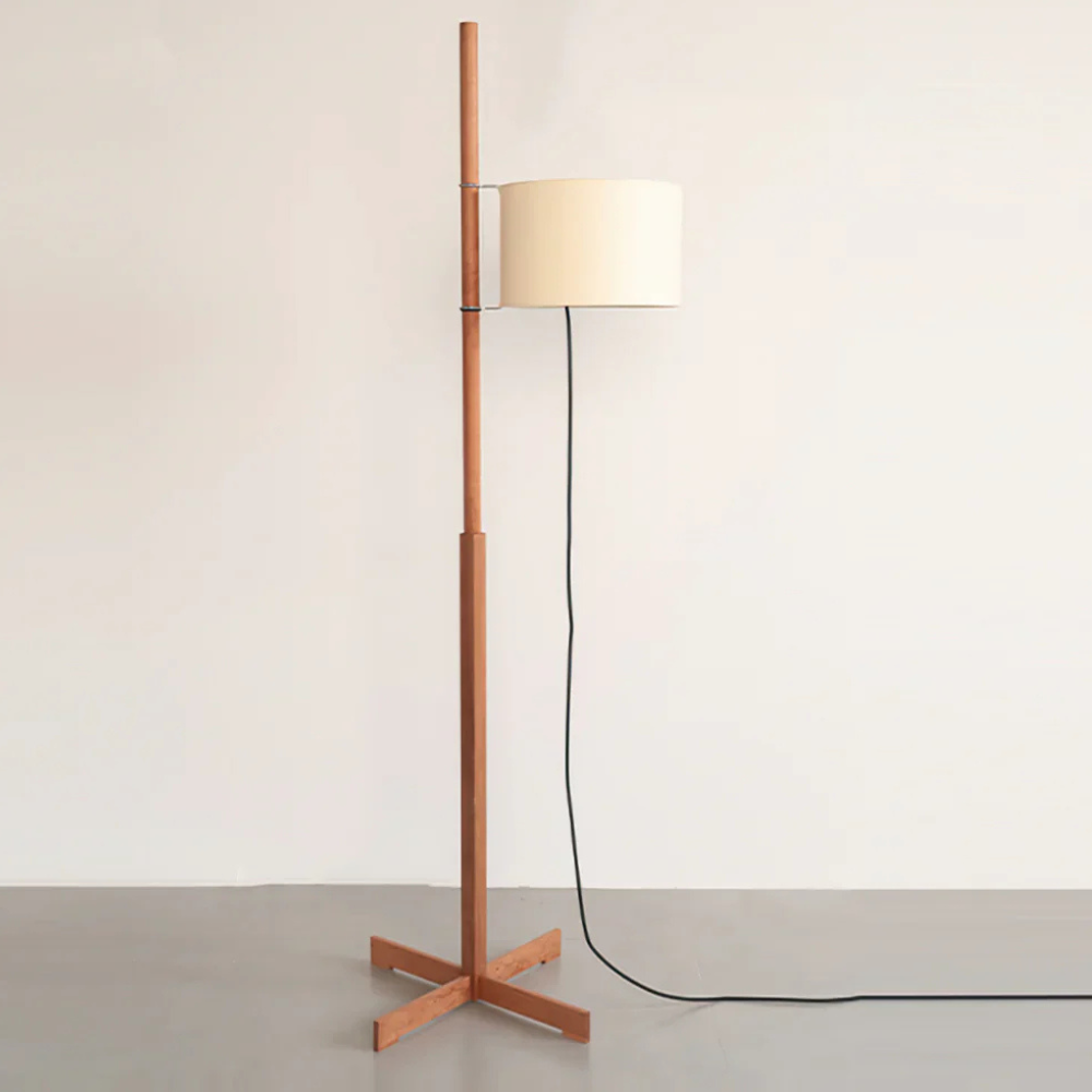 Vintage floor lamp with Fabric Shade and Artisanal Wooden Pole - Contemporary Sconce