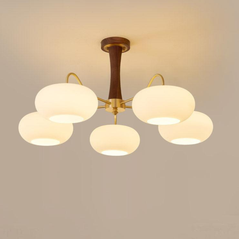 Chandelier with Walnut Wood and Persimmon Glass Shades - Modern Mid Century