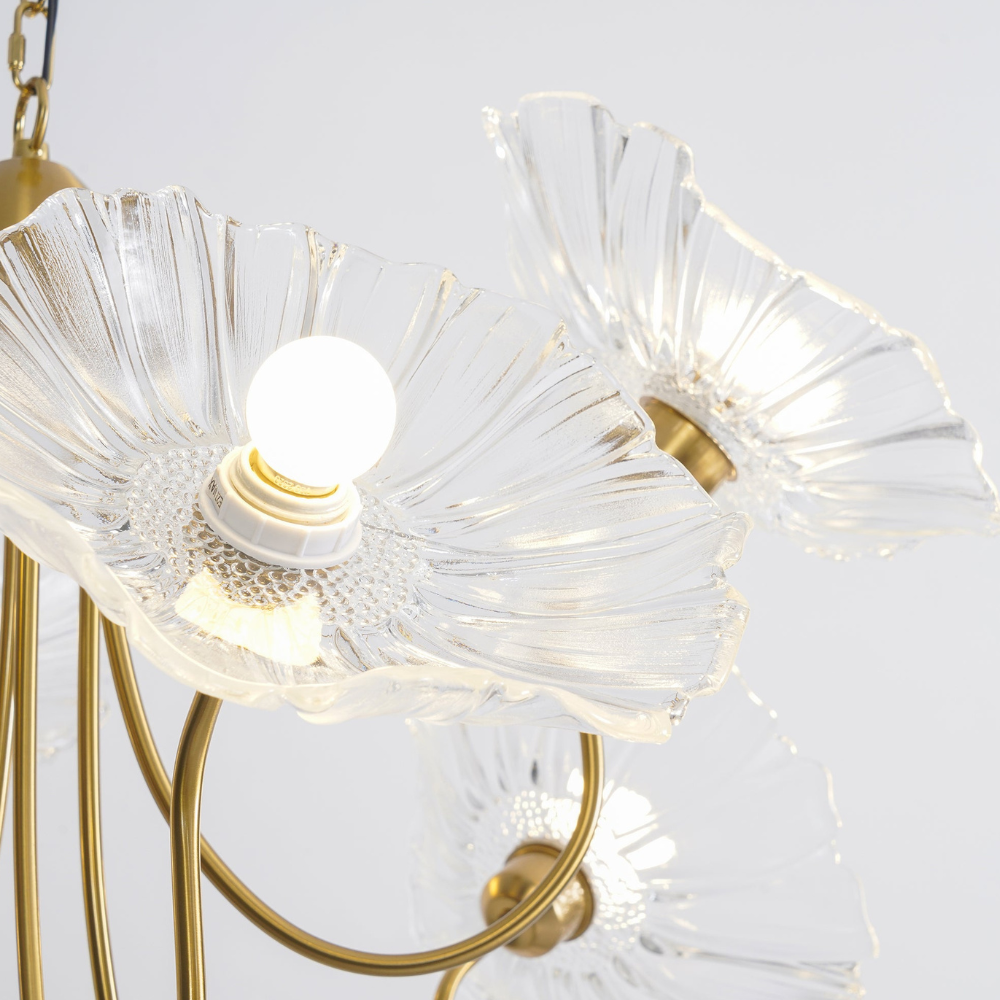 Chandelier with Flower Glass Shades and Gold Metal Frame - Modern Art Deco